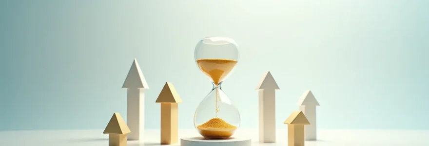 Représentation symbolique du temps comme allié fiscal en assurance vie, avec horloge et symboles de croissance financière